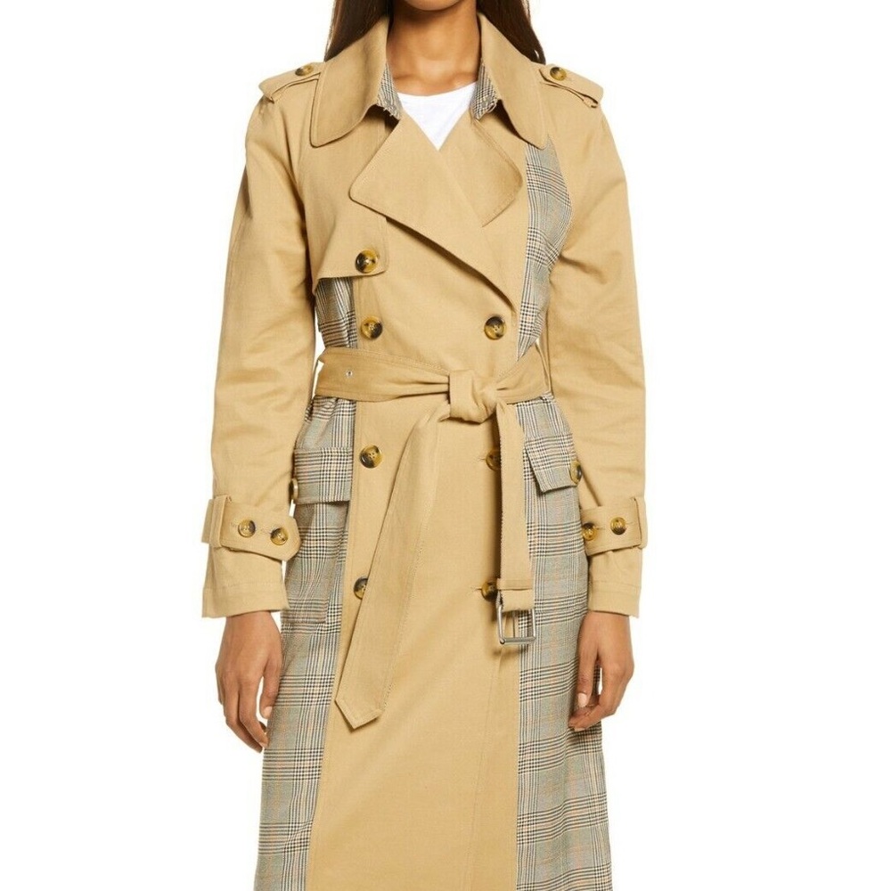 NWT $249 AVEC LES FILLES Plaid Fall Cotton Blend Trench Coat XL jacket